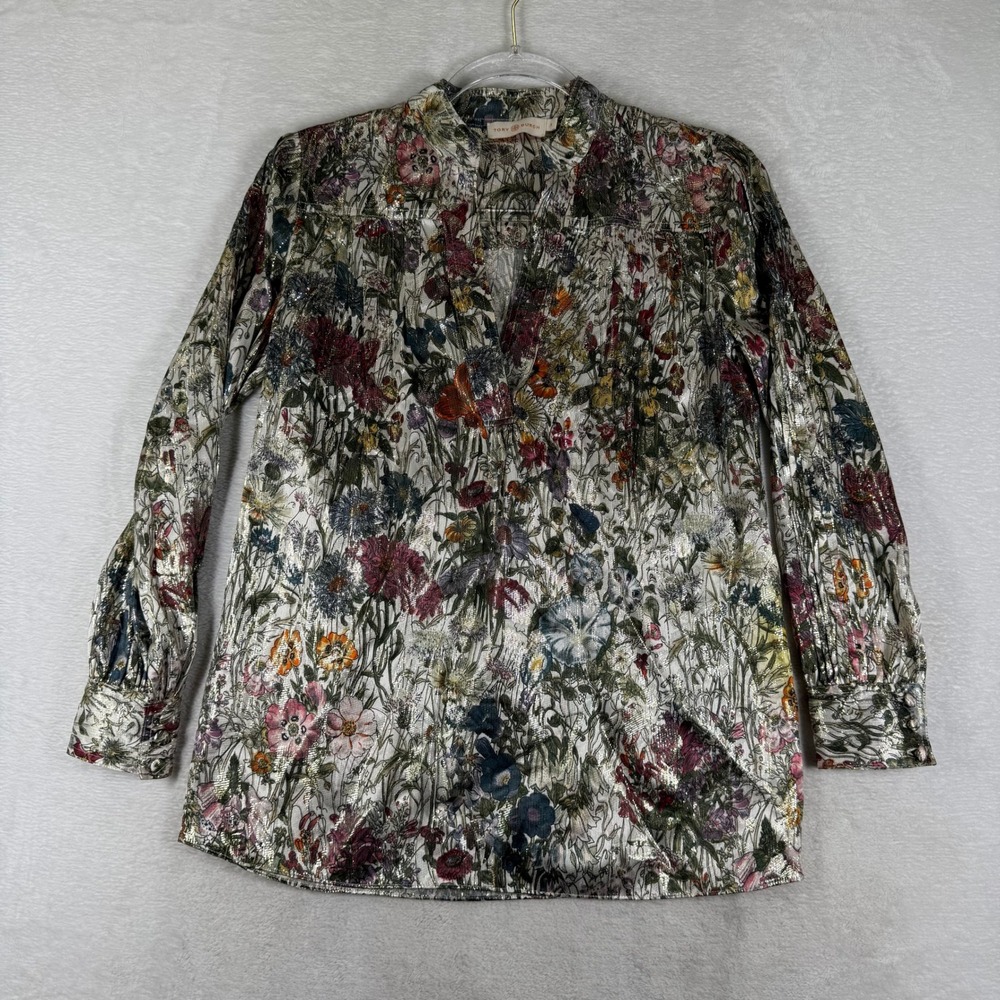 Tory Burch Heidi Tunic Melody Floral Silk Metallic V-Neck Top Sz 0